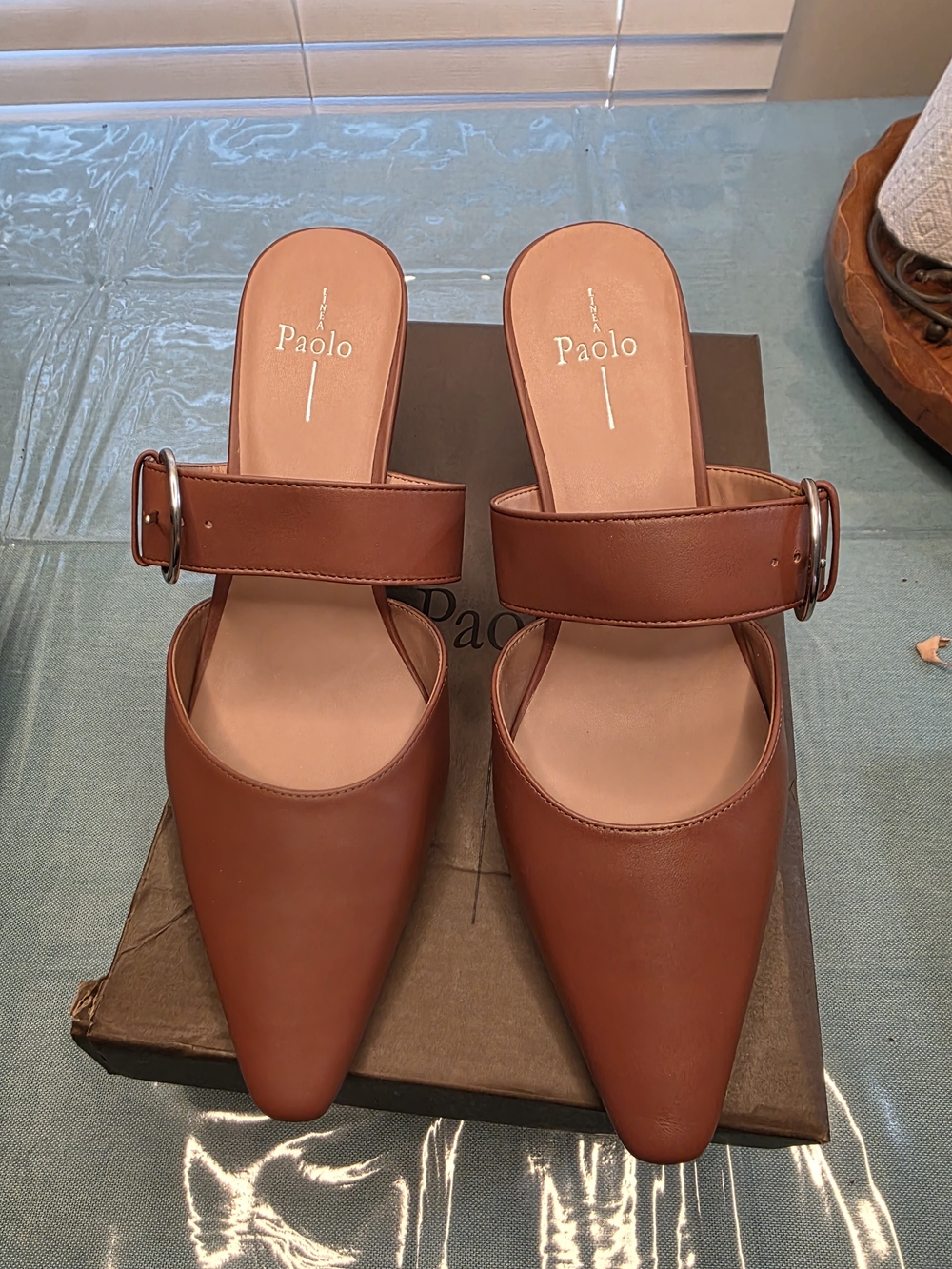 Paolo Women's Brown Pointed Mule with Buckle Strap